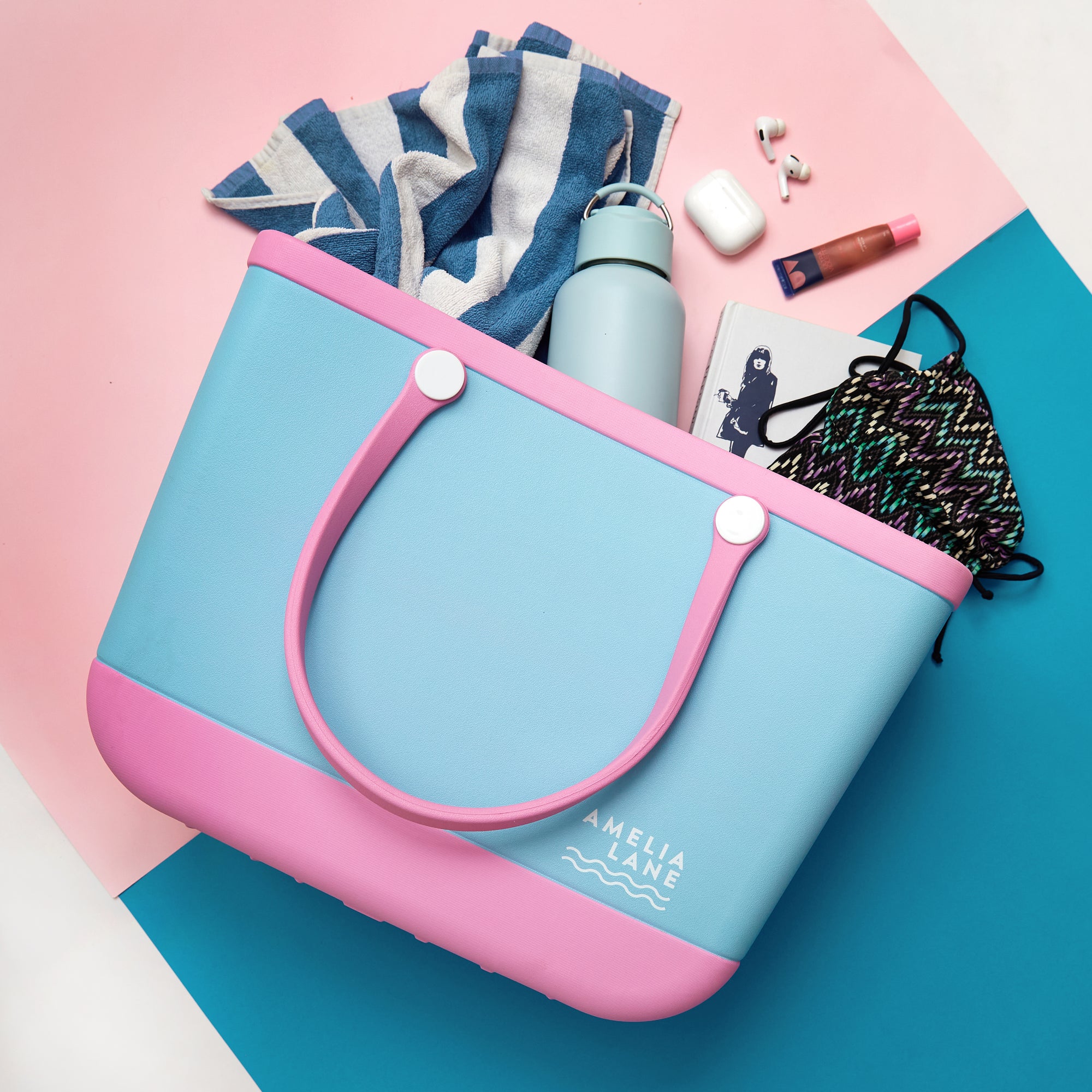 Beach Bag, Candy Pink + Sky Blue
