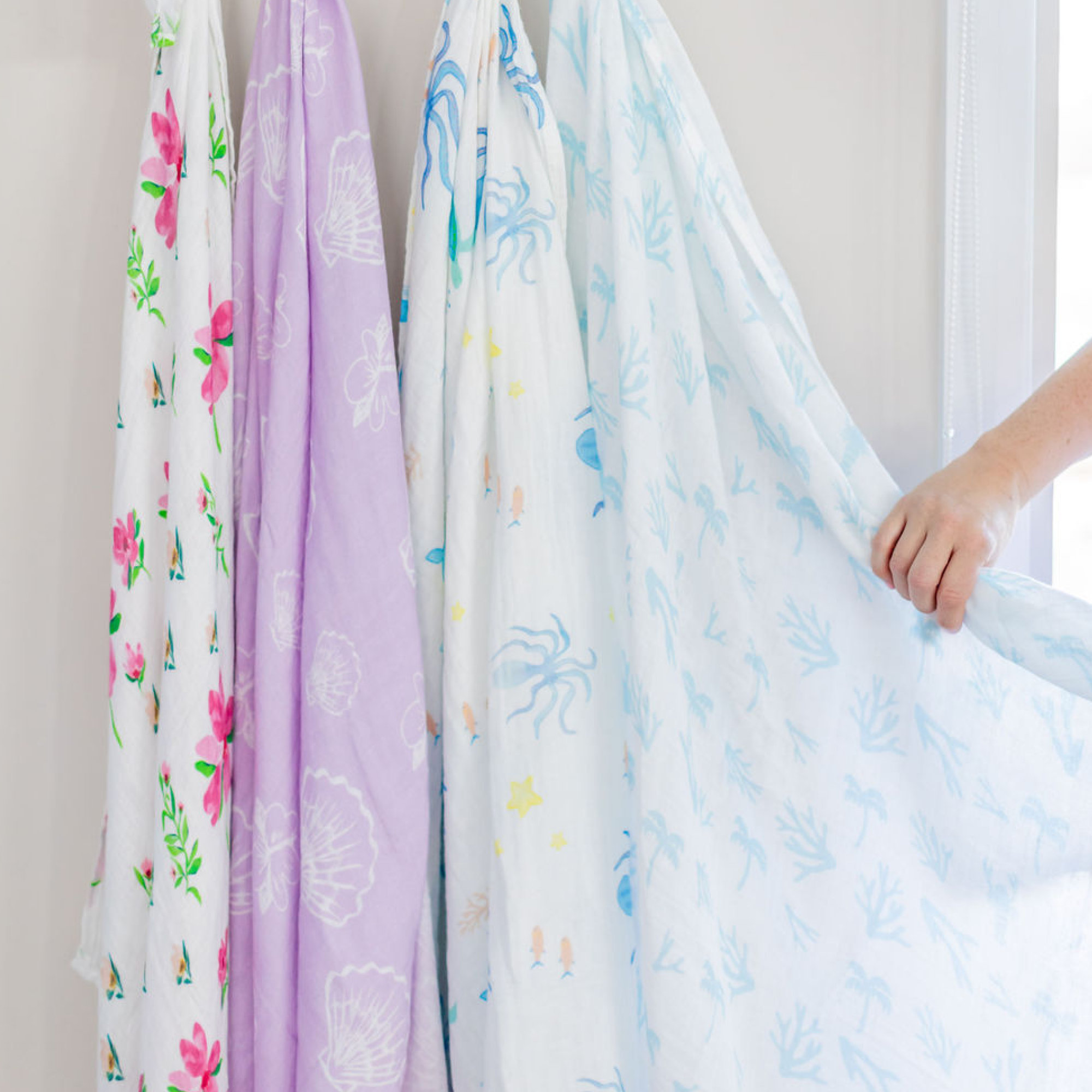 Twin Pack, Organic Baby Muslin Wraps (Under the Sea, Blue Palms)